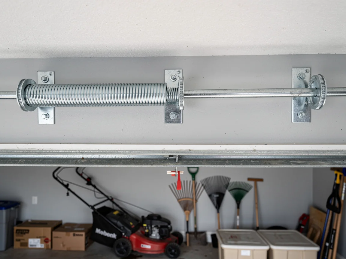 A garage door torsion spring is mounted above a garage with a lawnmower.
