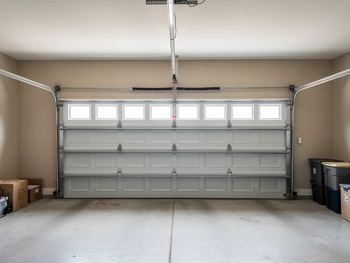 A white garage door with windows is closed inside a garage.