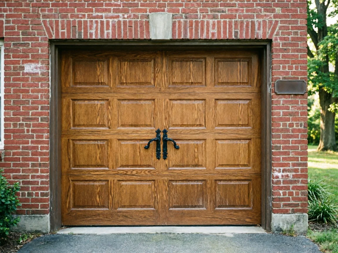 A brown wooden garage door with decorative black handles is set in a brick wall.